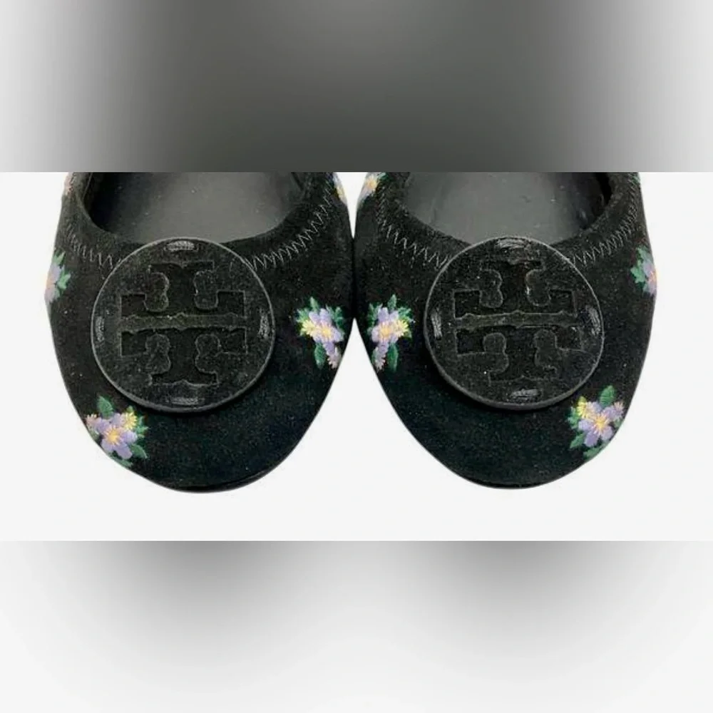 TORY BURCH Minnie Travel Flat Women 8 Black Daybreak Ditsy Floral Embroider Shoe